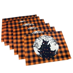 6er Set Halloween Tischsets schwarze Katzen orange schwarz Büffel kariert Herbstdeko - Bild 1 von 7
