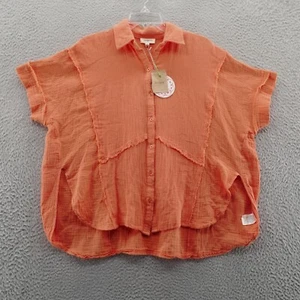 NWT Umgee Button Up Short Sleeve Oversized Shirt Small Orange Woven Beachy Boho - Picture 1 of 11