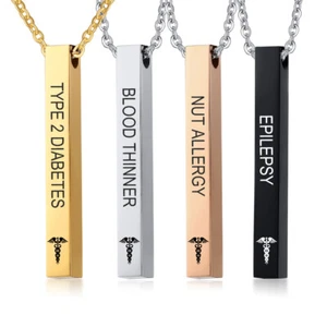 Men Women Silver Gold Custom Medical Alert ID Necklace Bar Pendant Necklace - Picture 1 of 16