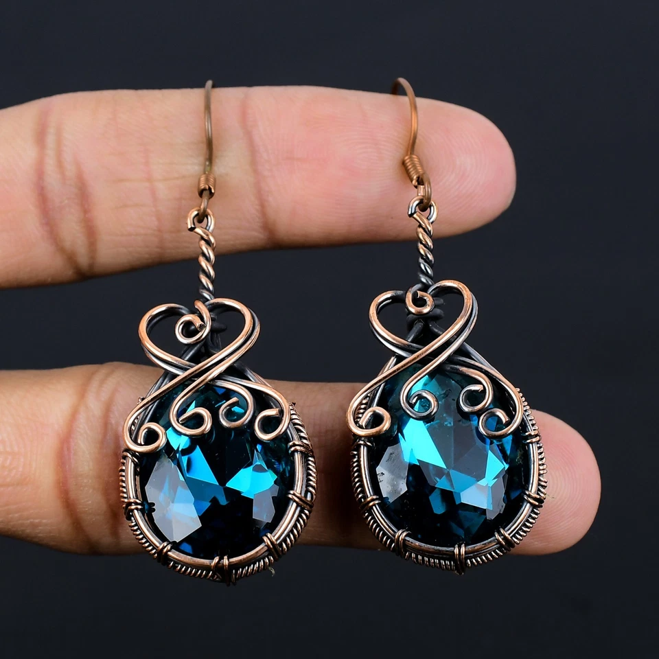 Pendientes de topacio azul piedras preciosas envoltura de alambre de cobre hechos a mano joyería regalo para mujer Foto 1 de 4
