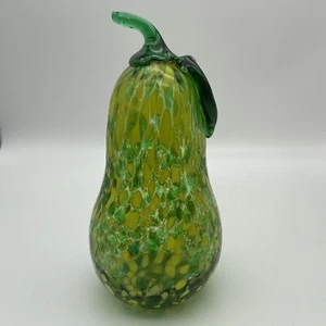 Vintage Hand Blown Murano Style Art Glass Green & Yellow Mottled Pear Figurine - Picture 1 of 10