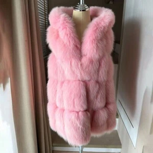 Fashion New Women Natural Fur Pink Vest Real Fox Fur Vest Winter Vest Hooded - Picture 1 of 6