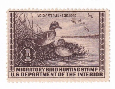 MATT'S STAMPS US SCOTT #RW6 $1 DOLLAR 1939 FEDERAL DUCK STAMP, MHOG, CV$115 - Image 1 of 3