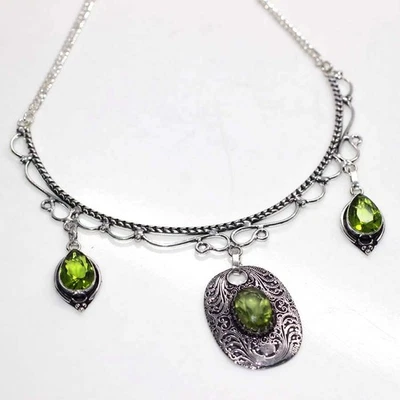 925 Silver Plated Super Deal Peridot Vintage Necklace Gemstone 13" AU Y968 - Image 1 of 3