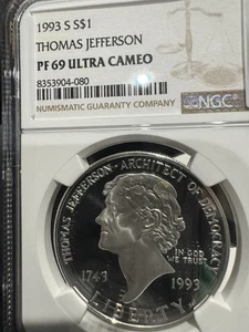 1993 S Thomas Jefferson 250th Proof Silver Dollar Commemorative PF69 Ultra Cameo - Picture 1 of 2
