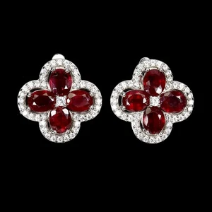 925 Sterling Silver Earrings Oval Ruby 5x4mm Natural Gemstone Flower Jewelry - Picture 1 of 14