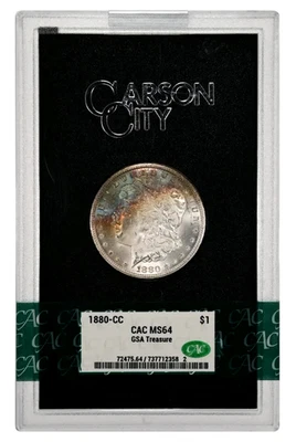 1880-CC TONED GSA MORGAN SILVER DOLLAR~CACG CERTIFIED MS64 CAC W/ CARD AND BOX * - Image 1 of 4