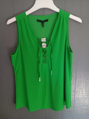 White House Black Market NWT Green Sleeveless Medium V Neck Lace Up Tank (Ji) - Image 1 of 4