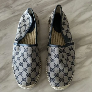 Gucci Denim Blue Brown Leather Trim GG Logo Flat Espadrilles 💯Authentic - Picture 1 of 8