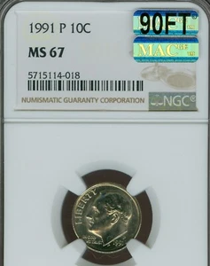 1991 P ROOSEVELT DIME NGC MS67 MAC 90FT 2ND FINEST MAC SPOTLESS $2,500 IN FT * - Picture 1 of 2