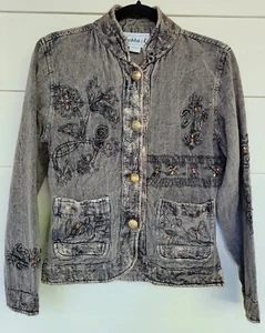 Vintage Flashback grau/gold Blumen bestickt Schmuck Jacke Damengröße PS - Bild 1 von 11