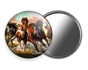 WILD AMERICAN HORSES RIVER RUNNING POCKET HAND PURSE MAKEUP MIRROR ANIMAL LOVER - Picture 1 of 1