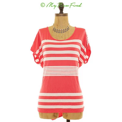 Gibson Dolman Botón Trasero Top M Manga Corta Naranja Blanco Rayas B44 Foto 1 de 4