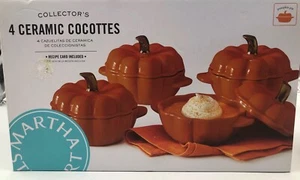 Martha Stewart Collection Set Of 4 Ceramic Cocottes Pumpkin Shapes Orange 8 oz. - Picture 1 of 5