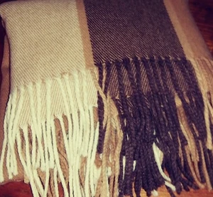 BILL BLASS COUNTRY SCARF WOOL BLEND STRIPED  70x24, Tan , fringe  - Picture 1 of 3