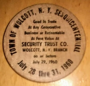 VINTAGE WOLCOTT, NY 1960 SESQUICENTENIAL COMMEMORATIVE WOODEN NICKEL Exc cond! - Picture 1 of 2