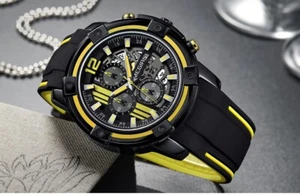 Black Silicone Strap Quartz Chronograph Sport Waterproof Wristwatch for Man Gift - Picture 1 of 18