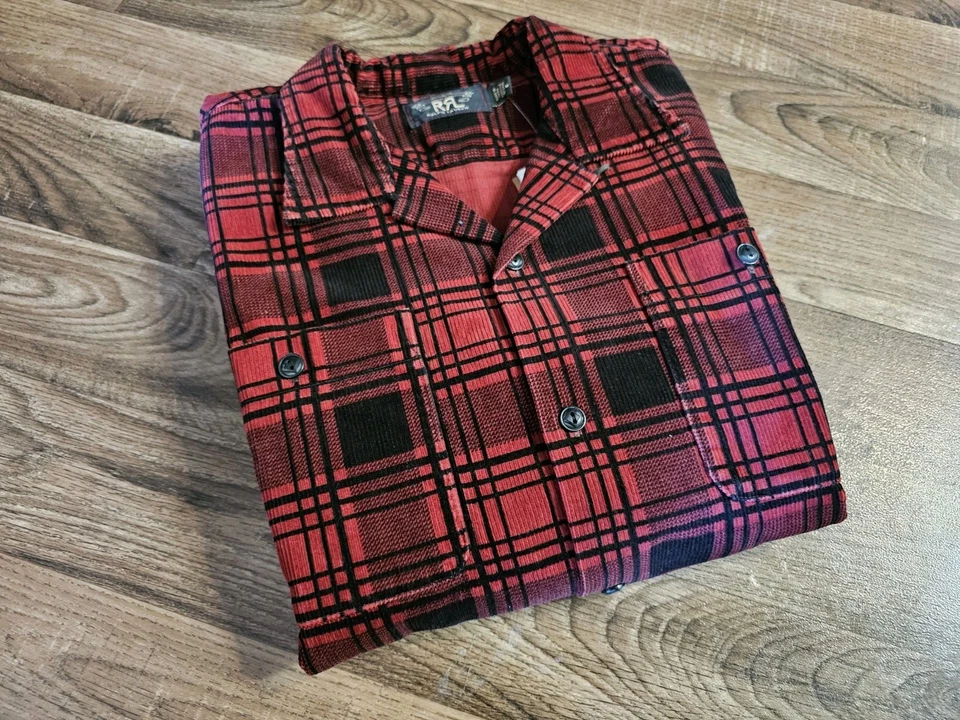 RRL Ralph Lauren Men’s Red Plaid Cotton Corduroy Monterey Camp Shirt M