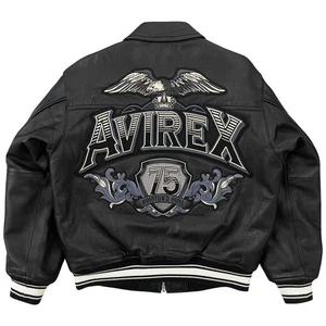 Chaqueta Bomber Avirex Cuero Hombre’s, Parche Aviator King 75, Color Negro Inviernos. - Imagen 1 de 10