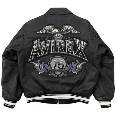 Chaqueta Bomber Avirex Cuero Hombre’s, Parche Aviator King 75, Color Negro Inviernos. Foto 1 de 4