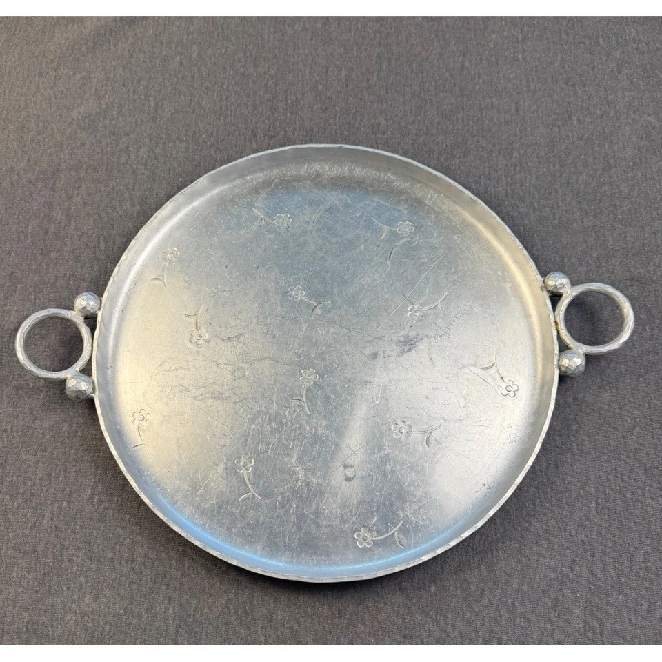 Bandeja de aluminio Palmer Smith vintage grabado floral plato para servir con asas Foto 1 de 4