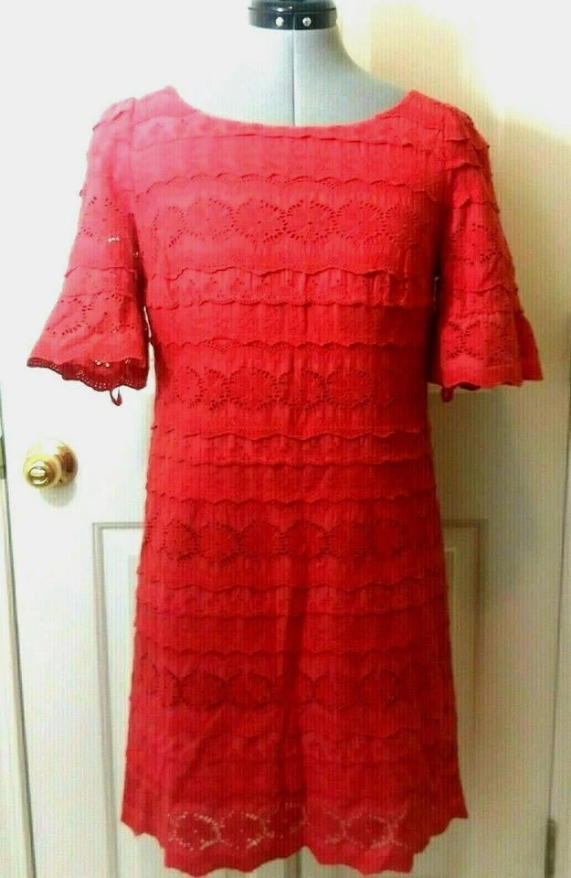 Vestido de Natal feminino MOULINETTE SOEURS vermelho algodão ilhós bordado tamanho 6 - Imagem 1 de 4