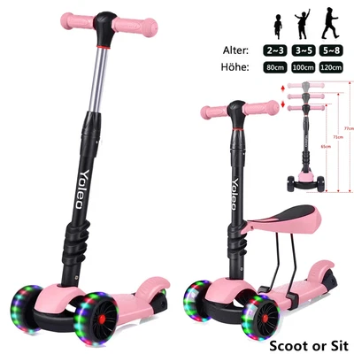 Kinder Roller Scooter mit LED Räder Abnehmbarem Sitz 3 Rad Höheverstellbare Rosa - Bild 1 von 4