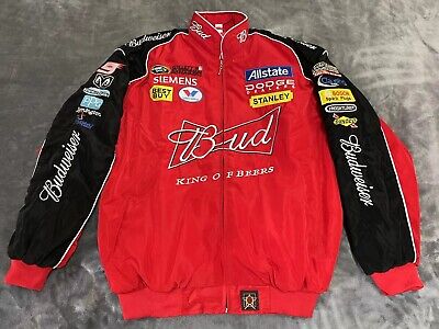 Adult F1 Racing Jacket Vintage, Budweiser Jacket Red,Ebroidered Cotton Padded>