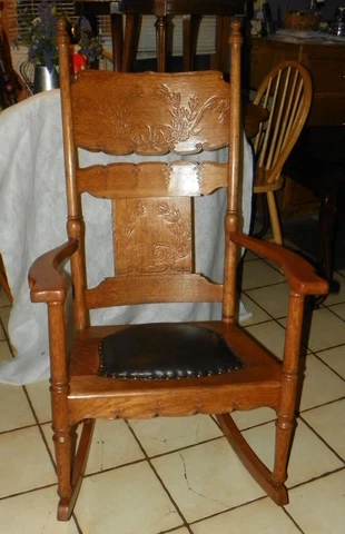 Quartersawn Oak Carved Rocker / Rocking Chair with brown leather seat  (R171) Cover