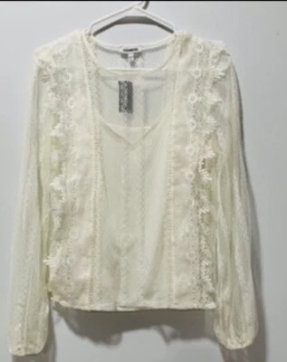 Blusa Express Manga Larga Encaje Transparente Nueva con Etiquetas Talla Pequeña Para Mujer Beige Blanco Foto 1 de 4
