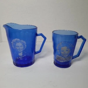 Vintage Shirley Temple Cobalt Blue Glass and Pitcher 1930's Cottage Farmhouse - Picture 1 of 6