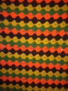 Vintage Crocheted Handmade Blanket 70s Bright Orange Yellow Green Brown - Picture 1 of 4