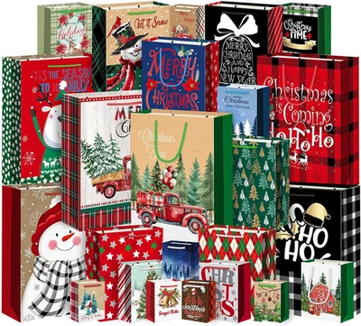 Pack de 24 tamaños surtidos con 24 etiquetas de regalo, bolsas de papel de Navidad con asa, 6 jum Foto 1 de 4