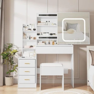 Makeup Vanity Desk with Sliding Lighted Mirror Charging Station Mirror LED Light - Picture 1 of 15