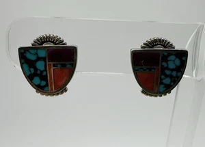 Ray Tracey Knifewing Navajo Sterling Silver Multi-Stone Inlay Earrings 8.2g #ybs - Picture 1 of 11