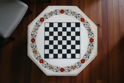 Marble Chess Table Semi Precious Stone Inlay Coffee Chess Board for Hallway 18" - Image 1 of 4