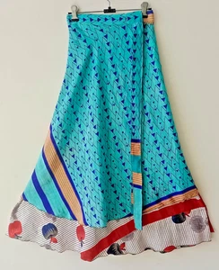Double Layer Maxi Beach Skirt Vintage Silk Sari Skirt Handmade Magic Wrap Skirt - Picture 1 of 7
