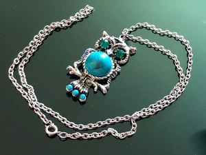 VTG Silver Artsy Owl Pendant Necklace/Turquoise Cabochons/Green Rhinestone Eyes - Picture 1 of 8