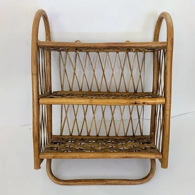 Vintage BAMBOO 3 Tier Wall Shelf  Shelves W/Towel Bar BOHO UNIQUE MCM Rattan - Image 1 of 4