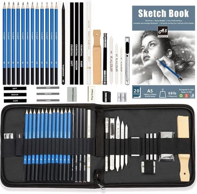 KALOUR 34pc Art Kit with Sketchbook - Sketching Pencil, Charcoal, Graphite