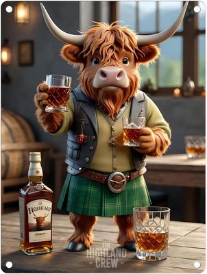 Letreros de metal de hojalata The Highland Crew Bull Whisky Cheers arte de pared decoración 8x12 Foto 1 de 4