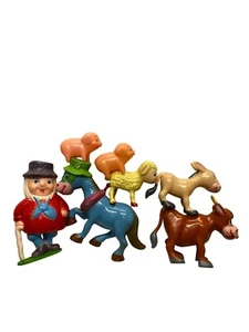 Vintage Hollow Plastic Farmer & Animals Set 7 Pieces Toy Collection #7256 - Picture 1 of 7