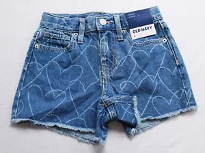 Old Navy Girls Printed High-Waisted Frayed-Hem Jean Shorts JL3 Heart Size: 6 - Picture 1 of 3