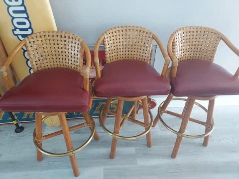 3 Vintage McGuire Swivel Rawhide Bamboo Red Leather Barstools Bar Stools Cover
