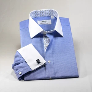 ELegant Blue Oxford Business Dress Shirt Blue Windmill Inner Lining French Cuff - Picture 1 of 9