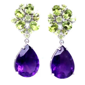 Gemstone 12 x 16 MM. Purple Amethyst, Green Peridot Earrings 925 Sterling Silver - Picture 1 of 4