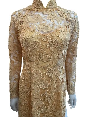 Vintage Cheongsam Yellow Lace Wiggle Pencil Shanghai Costume Party Dress S - Image 1 of 4