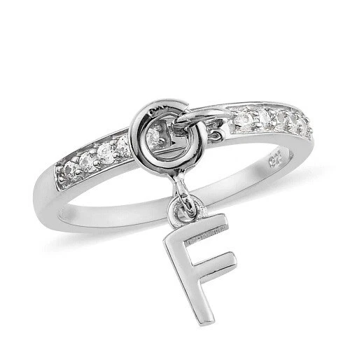 Anello con zirconi naturali con ciondolo iniziale F platino su argento sterling - misura 7 - Immagine 1 di 1