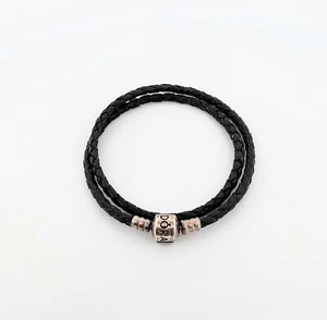 Authentic Pandora Black Leather Sterling Silver Double Wrap Bracelet - Picture 1 of 3