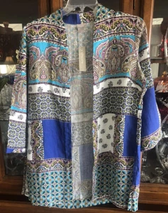 NWT Chicos Printed Blue Multi Color Linen Topper 3/4 SLV Jacket 2P = 12P/14P NWT - Picture 1 of 16